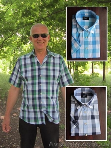 Мужская рубашка в клетку с коротким рукавом,  приталенная. 